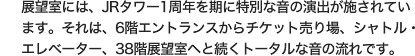 展望室には、JRタワー1周年を期に特別な音の演出が施されています。それは、6階エントランスからチケット売り場、シャトル・エレベーター、38階展望室へと続くトータルな音の流れです。